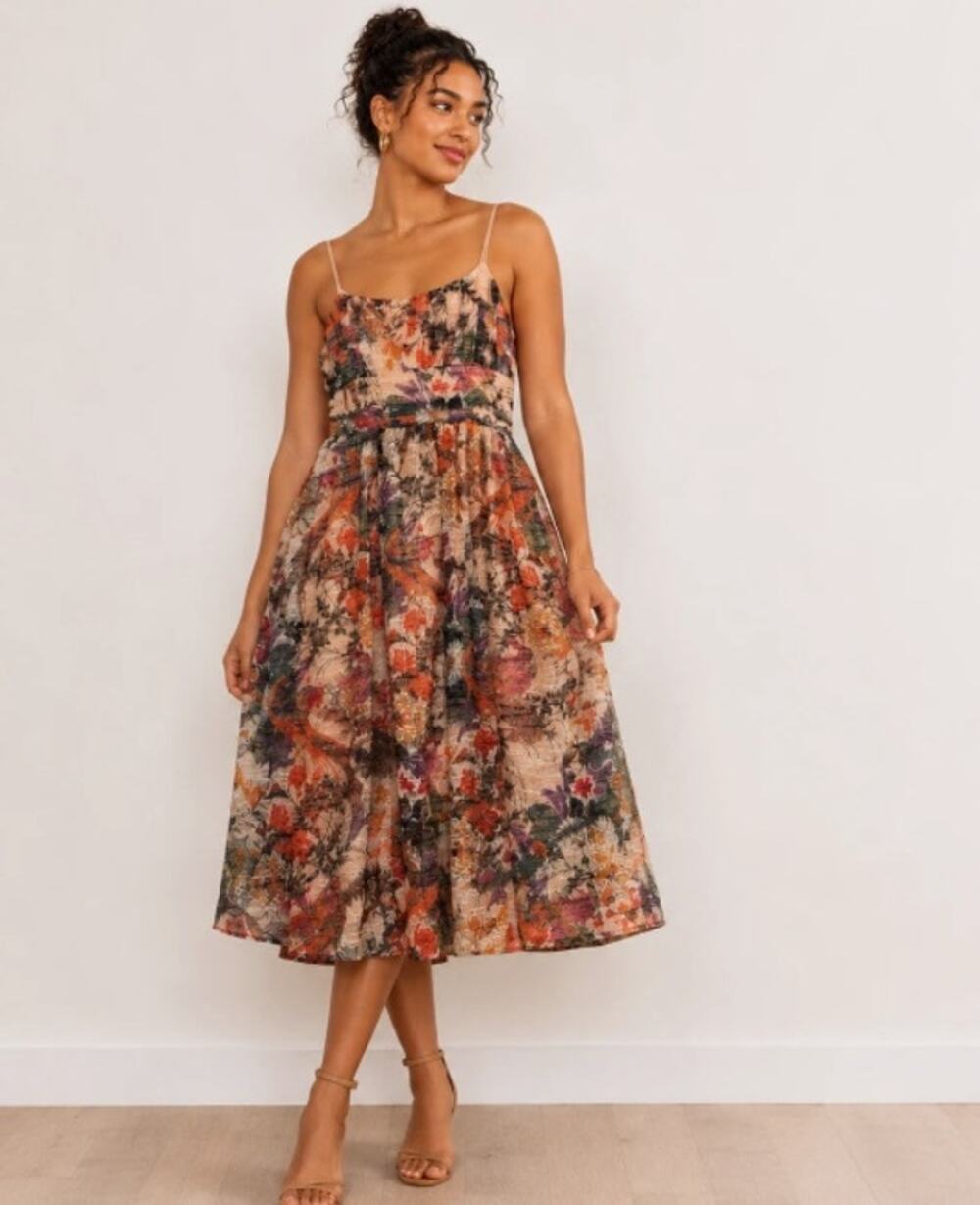 Anthropologie Floral Midi Dress in Beige, Rust, Green & Purple